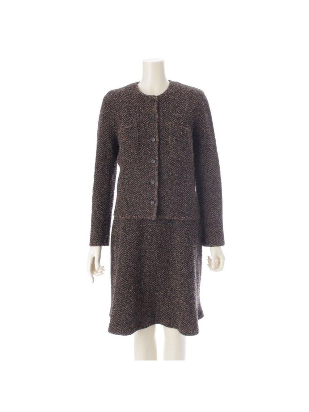 Celine Mohair Wool Vintage Logo Button Piece Jacket Topple Skirt Set Brown /36